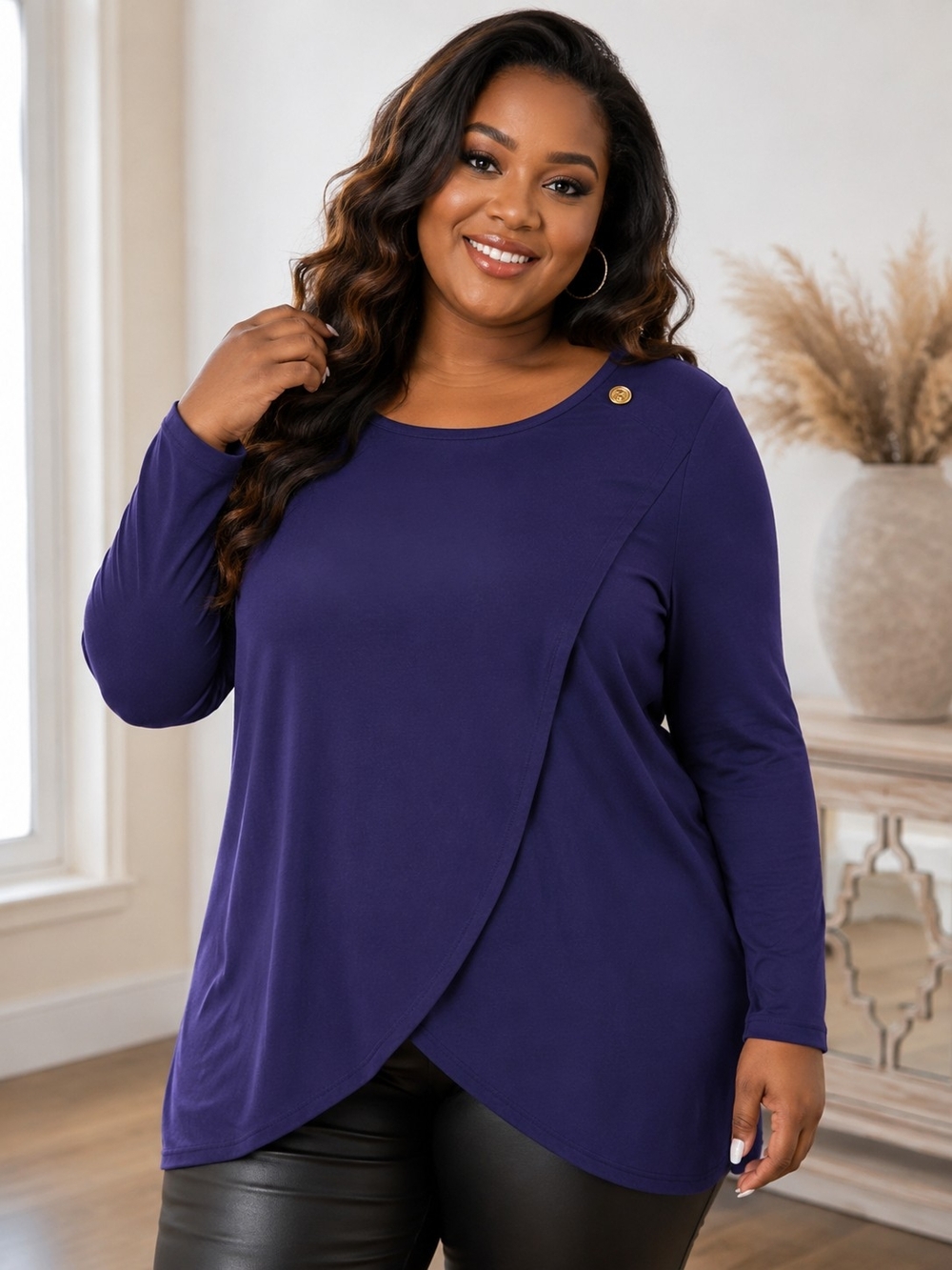 IMAN Purple Long-Sleeve Tulip Front Top - Picture 1 of 4